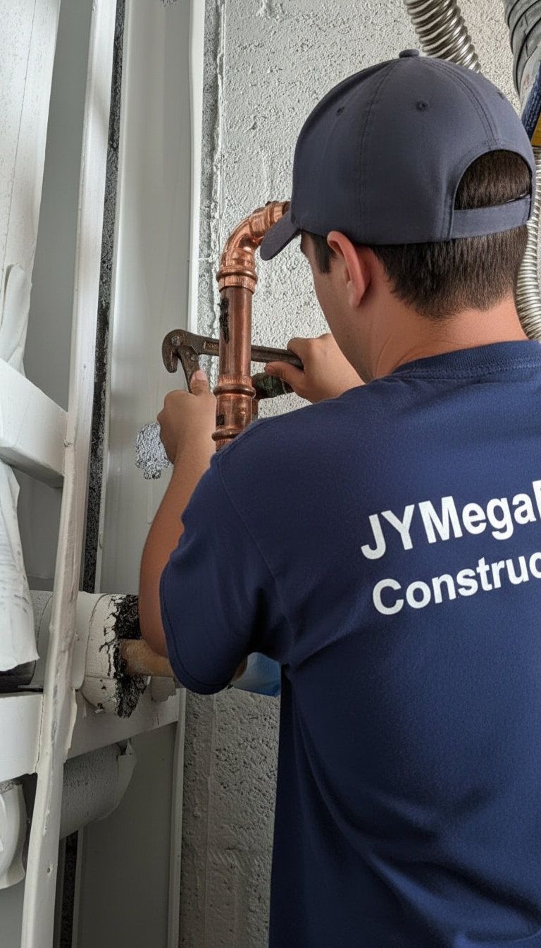 HVAC technician working on water heater - JY Mega FC Construction Naples FL