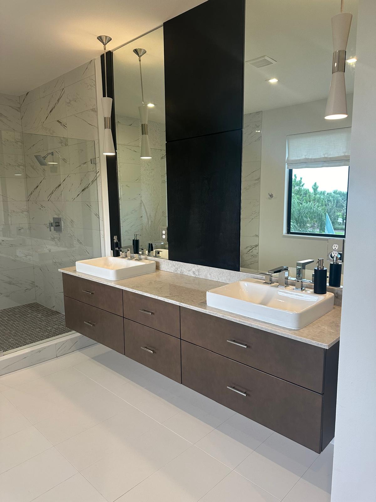 Contemporary floating vanity with vessel sinks and marble shower - modern bathroom remodel Naples