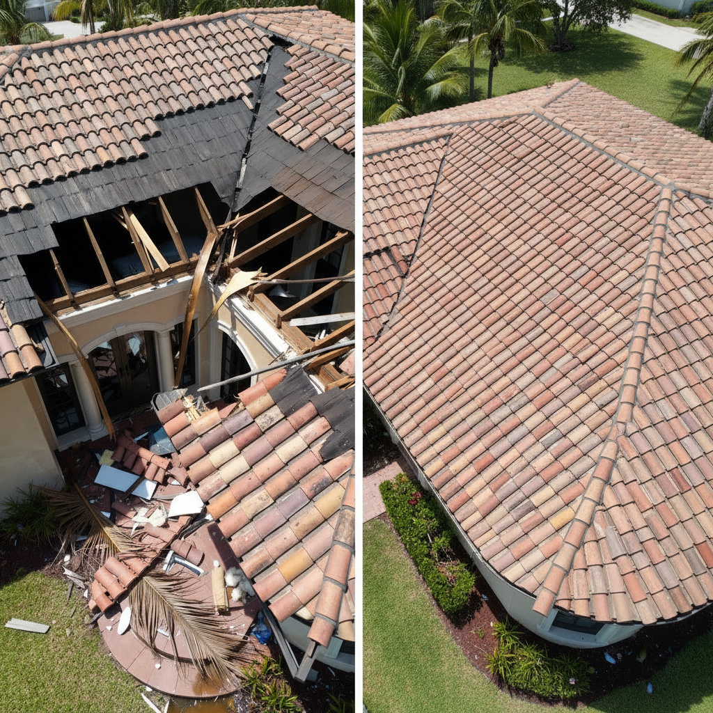 Before and after roof repair - licensed roofing company Naples FL
