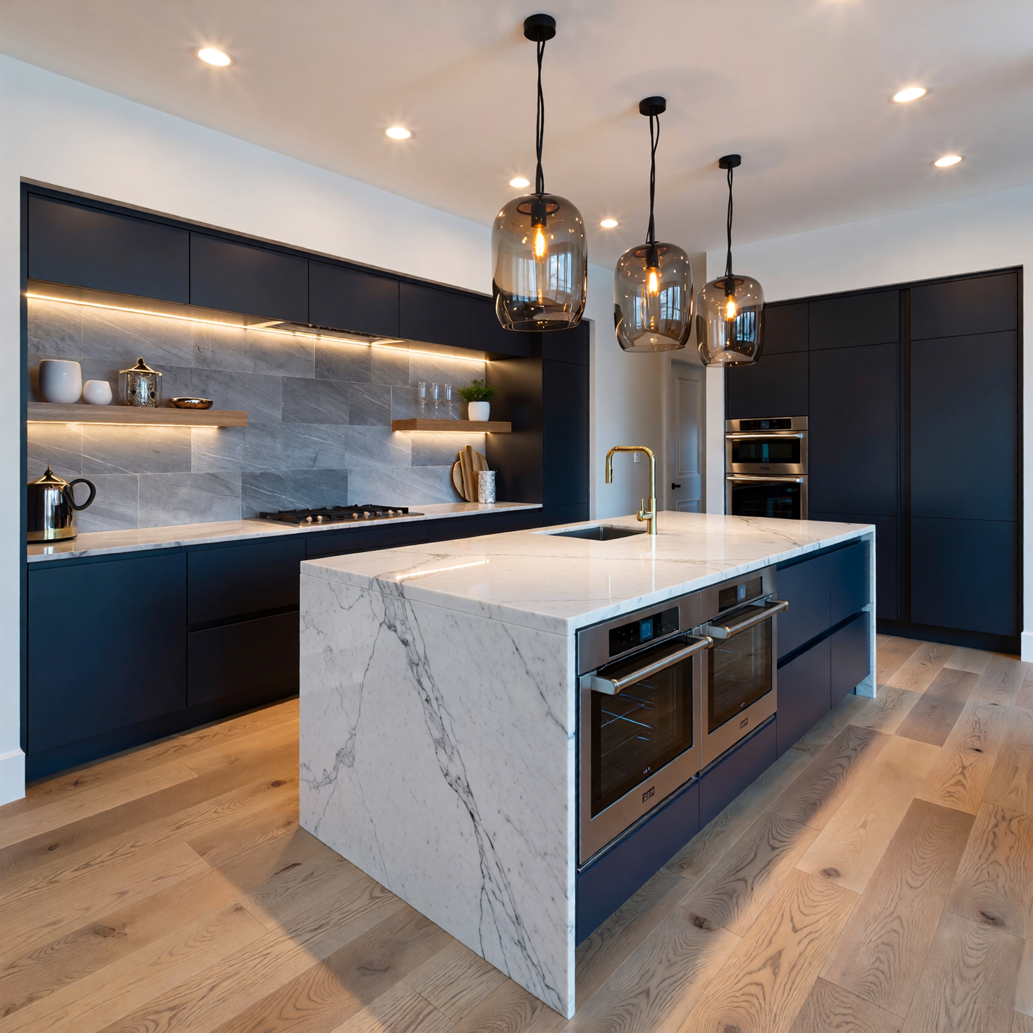 Modern kitchen remodel in Naples FL with dark cabinets and white quartz countertops