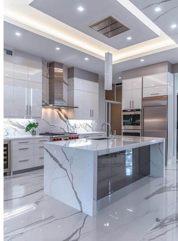 Modern open kitchen with wood accents and waterfall island Fort Lauderdale